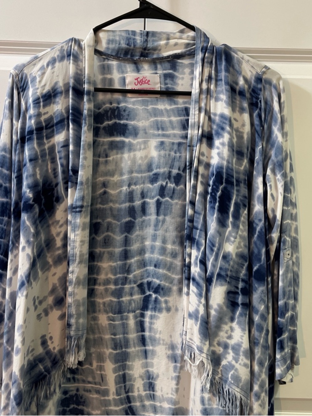 Justice Blue and White Tie-Dye Fringe Cardigan